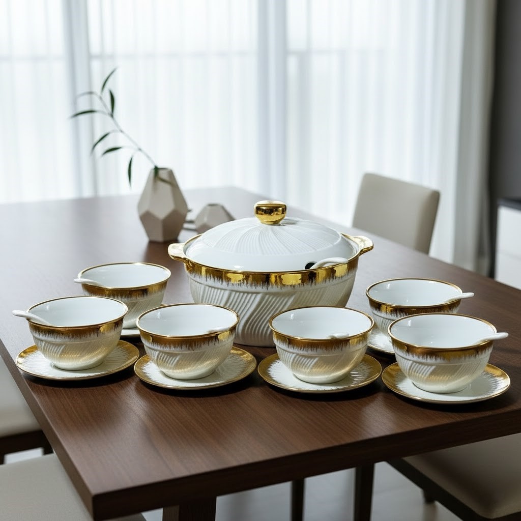 طقم سفرة 20 قطعة (أبيض وذهبي) | 20 Pcs White & Gold Dinner Set